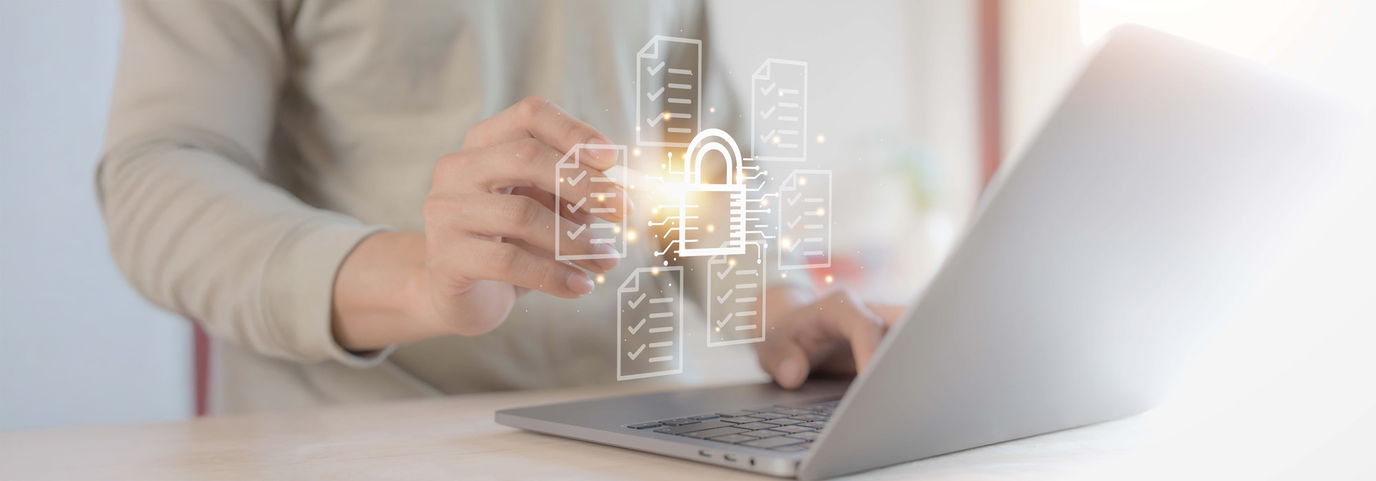 Business man holding and managed his cybersecurity and privacy to protect data by lock icon holographic technology