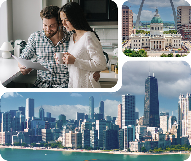 collage of city scenes and a couple reading a document together over coffee