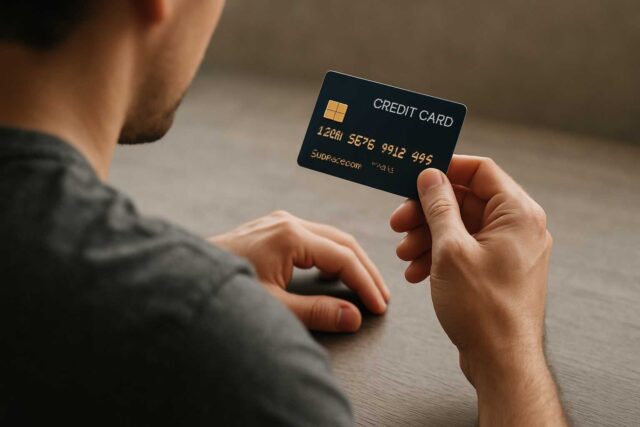 person looking at their credit card